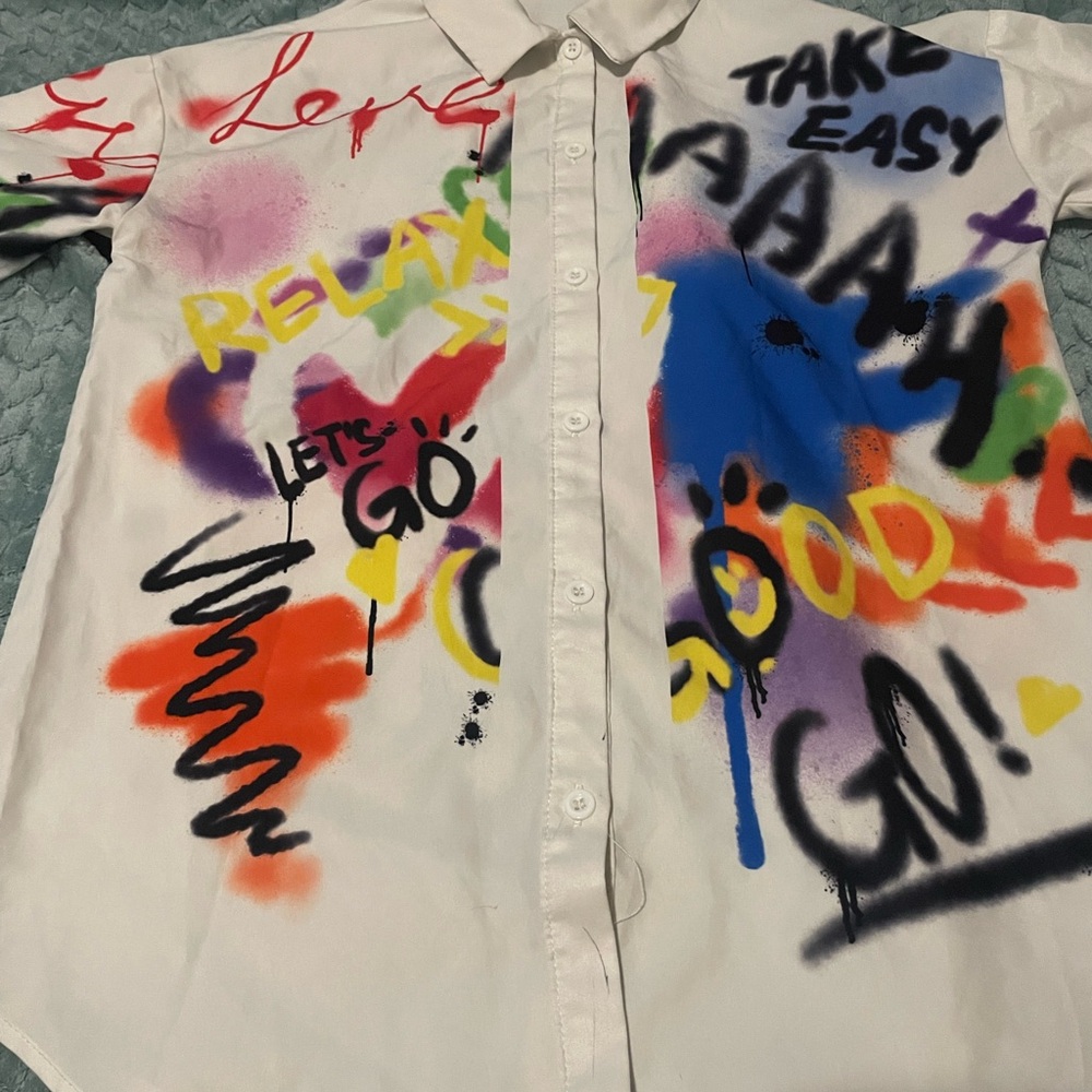 SHEIN Colorful Graffiti Button Down Baggy Spray Painted 90s Shirt
